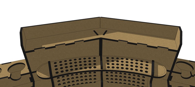 May include: A brown cardboard game organizer with multiple compartments and a slotted top. The organizer has a grid pattern on the bottom and a raised section on the top.