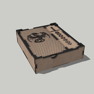 May include: A wooden box with a black dragon design on the lid. The box has a sliding drawer and a small compartment on the top.