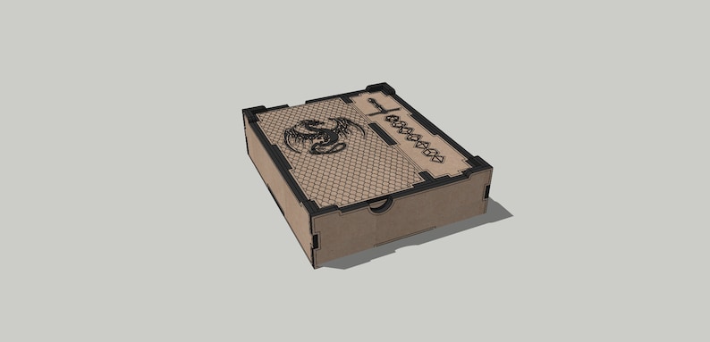 May include: A wooden box with a black dragon design on the lid. The box has a sliding drawer and a small compartment on the top.