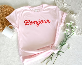 Maglietta Bonjour, maglietta con citazione francese, maglietta di Parigi, citazione francese, maglietta con detto francese, regalo francese, maglietta estetica alla moda