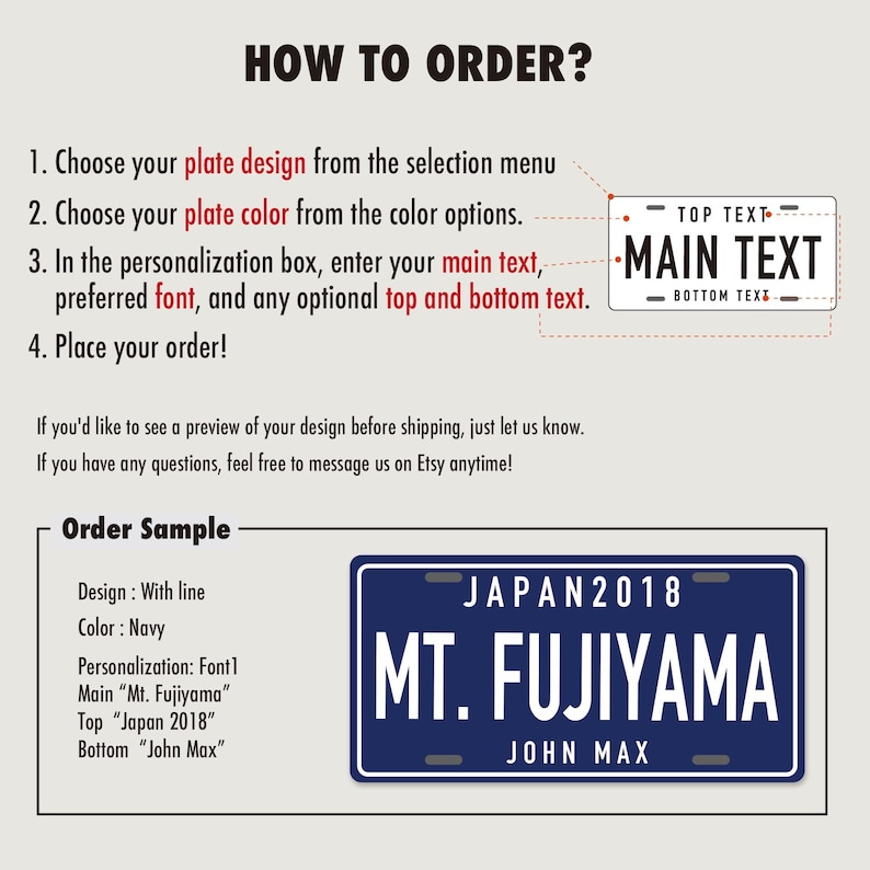 Puede incluir: Un gr&aacute;fico de instrucciones titulado HOW TO ORDER? que detalla cuatro pasos para personalizar una placa de matr&iacute;cula rectangular. Incluye una plantilla visual que muestra la ubicaci&oacute;n para TOP TEXT, MAIN TEXT y BOTTOM TEXT, adem&aacute;s de una placa de muestra azul marino.