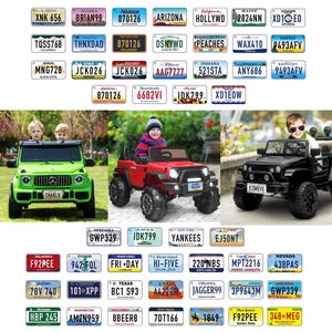 May include: A collection of toy license plates with various state names and license plate numbers. The image also features three toy cars, including a green SUV with "CHARLIE" on the license plate, a red Jeep, and a black Jeep.