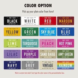 Puede incluir: Una tabla de colores que muestra veinte opciones de placas rectangulares en varios colores, incluyendo negro, blanco, rojo, granate, amarillo, verde, azul cielo, azul, lima, turquesa, melocot&oacute;n, rosa fuerte, lila, morado, beige arena, verde militar, marino, gris, vintage y arco&iacute;ris.