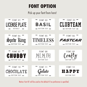 Puede incluir: Una tabla de selecci&oacute;n de fuentes con doce estilos distintos etiquetados del Font 01 al Font 12. Cada estilo muestra un nombre de tipograf&iacute;a &uacute;nico como License Plate, Basil, Clubteam, Spede King, Timeless, Fastcar, Chubby, Ninja, Crafty, Chocolate, Gelato y Happy.