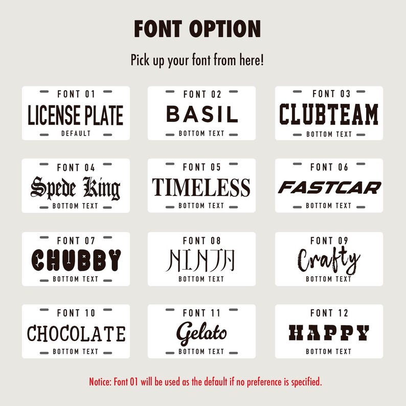 Puede incluir: Una tabla de selecci&oacute;n de fuentes con doce estilos distintos etiquetados del Font 01 al Font 12. Cada estilo muestra un nombre de tipograf&iacute;a &uacute;nico como License Plate, Basil, Clubteam, Spede King, Timeless, Fastcar, Chubby, Ninja, Crafty, Chocolate, Gelato y Happy.