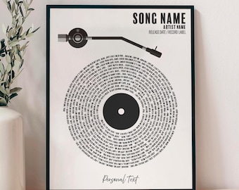 May include: Black and white printable art print of a record with the lyrics of a song printed in a spiral around the record. The title of the song, artist name, release date, and record label are printed at the top of the print. The text "Personal Text" is printed at the bottom of the print.