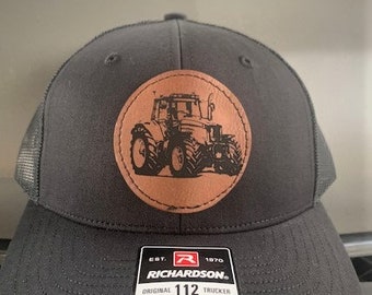 Custom Tractor Trucker Hat: Youth Richardson 112Y Leather Patch Snapback