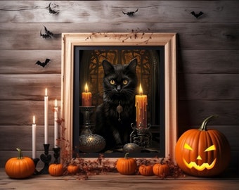 Spooky Halloween Wall Art: Black Cat with Pumpkins and Candles! Acrylic Poster. Instant Download.