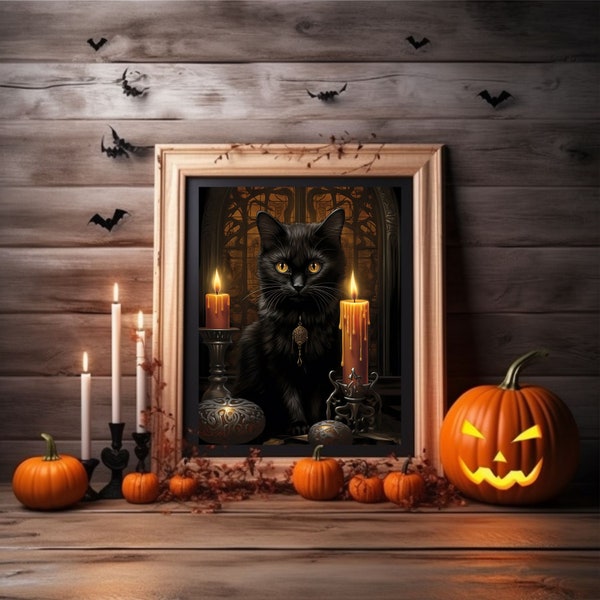 Spooky Halloween Wall Art: Black Cat with Pumpkins and Candles! Acrylic Poster. Instant Download.