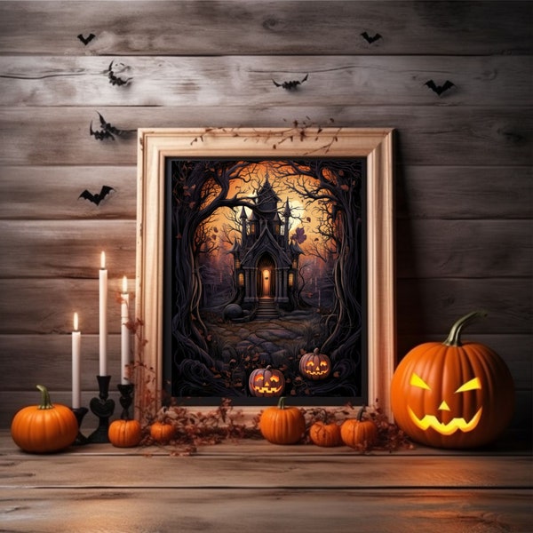 Embrace the Haunt: Scary Castle with Pumpkins! Acrylic Poster. Instant Download.