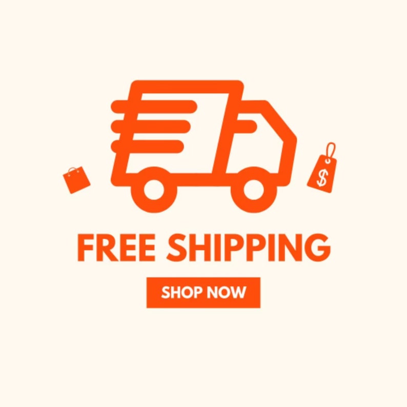 May include: Orange illustration of a delivery truck with a shopping bag and price tag, text reads "FREE SHIPPING" and "SHOP NOW"