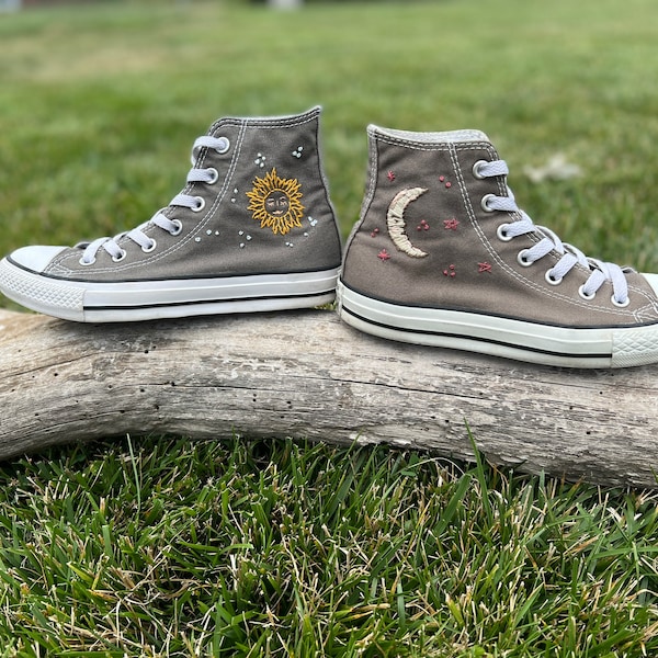 Converse High Tops Custom; Converse Embroidery; Embroidered Converse; Moon Sun Custom Stitched