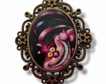 Wonderland inspired cameo brooch - Handmade accessory Alice Cheshire Cat - Gift for Lewis Carroll fans.