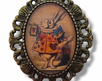 Oval brooch Wonderland - Alice and White Rabbit - Cabochon inspired by John Tenniel - Original women's accessory.