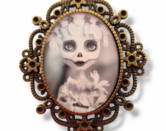 Gothic Halloween Calavera brooch - Blythe-inspired doll - Victorian cameo jewelry - Original handmade gift.