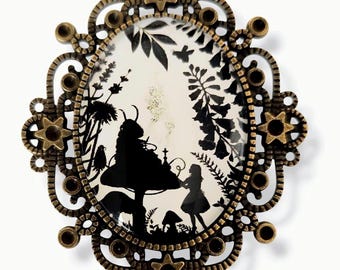 Retro cameo brooch - Alice and Caterpillar inspiration - Wonderland book accessory - Unique gift.