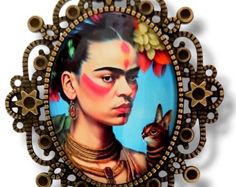 Large Frida Kahlo artist brooch / Colorful portrait art jewelry / Retro Mexican fashion accessory