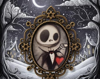 Illustrated Gothic Brooch - Jack Halloween Town - Strange Christmas Accessory - Gift for Victorian Gothic Style Lovers - Large Size.