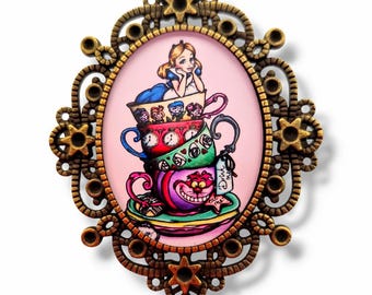 Handmade Alice and Cheshire Cat brooch - Retro Wonderland accessory - Lewis Carroll Christmas gift.