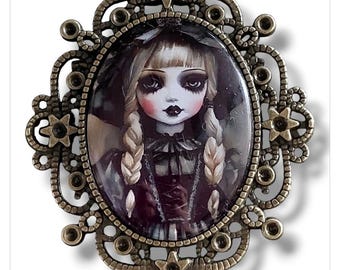 Gothic Victorian Doll Brooch - Retro Steampunk Style - Halloween and Dark Fantasy Gift - Handmade.