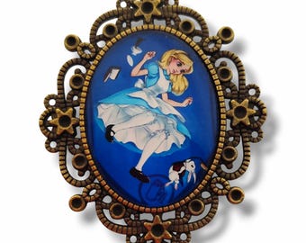 Alice and White Rabbit cameo brooch – Wonderland illustration – Lewis Carroll Christmas gift accessory.