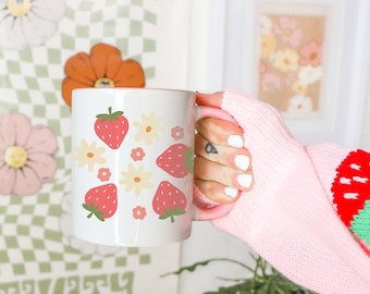 Strawberry Mug | Floral Design | Red Color Inside | 11oz