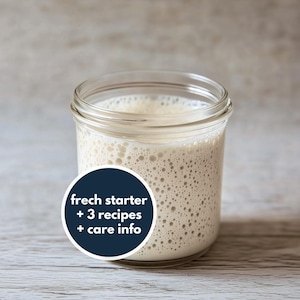 Könnte beinhalten: Ein Glasgefäß gefüllt mit einem sprudelnden, hellbraunen Sauerteigstarter. Das Glas ist mit "frischer Starter + 3 Rezepte + Pflegehinweise" beschriftet.
