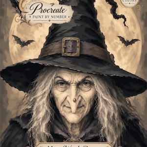 May include: A digital paint-by-number portrait titled Moon Witch Portrait by The Foxglove Paper Co. featuring an elderly person with long white hair wearing a black pointed hat with a buckle, set against a large full moon with flying bats.