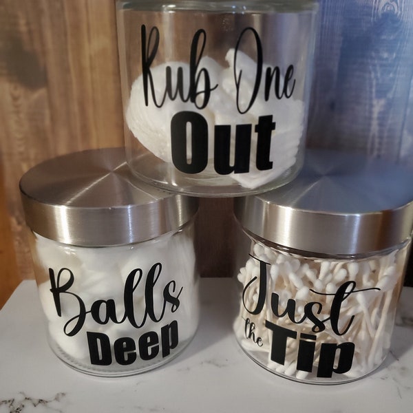 Funny bathroom jars, decor for bathroom, storage for cotton balls, humorous vanity glass jars, hilarious housewarming gift, bathroom humor