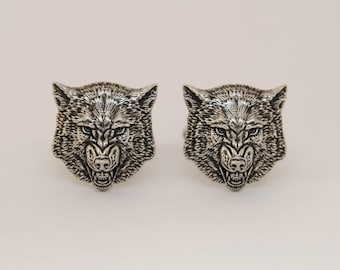 Hand Cast Grinning Wolf Head with Fangs Cuff Links, Aggressive Snarling Beast Cufflinks