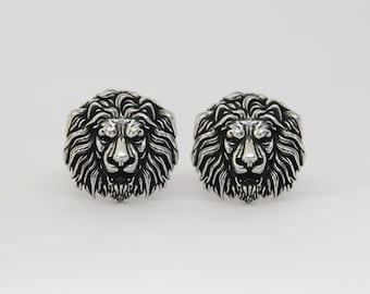 Snarling Lion Head Framed by Mane Cuff Links, Aggressive Leo Growls Handmade Pewter CuffLinks