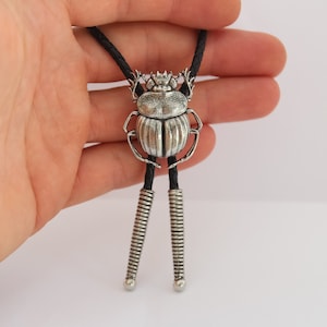 Scarab Beetle Bolo Tie, Fine Pewter Egyptian Amulet, Unique Necktie