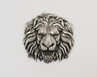 Handcast Pin Brooch Roaring Lion Head With Open Mouth and Fangs Framed by Mane