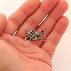 Peut inclure: Petite figurine de dragon argenté avec des ailes déployées. Le dragon présente des écailles complexes et une queue enroulée. La figurine semble être en métal.