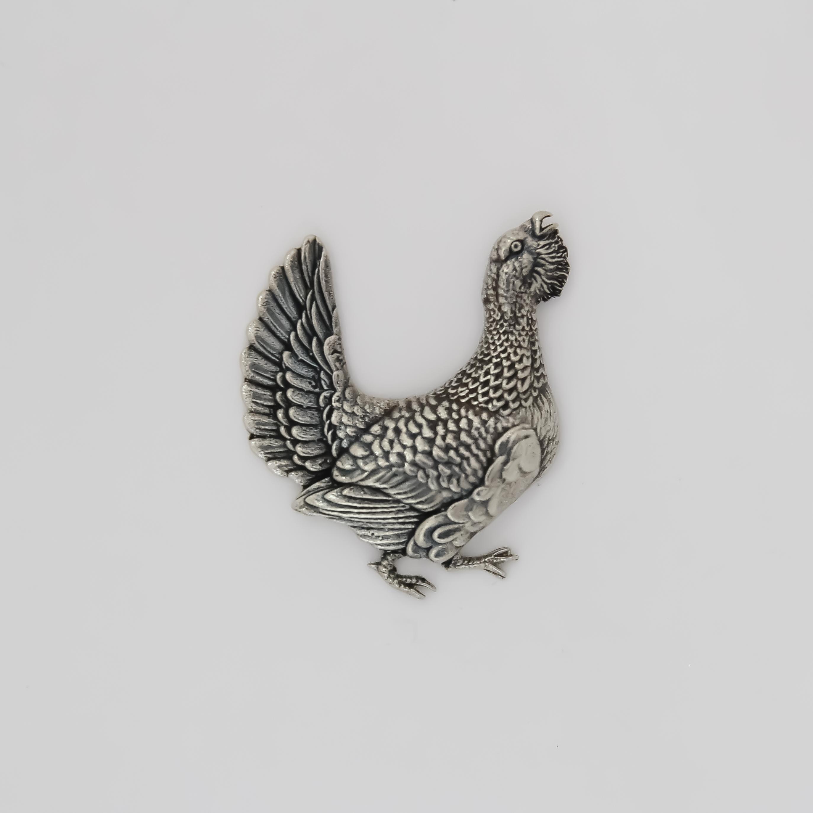 Ancienne Broche Oiseau Tétras Coq De Bruyère - Métal Argenté - Occasion