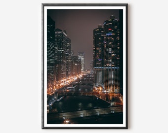 Chicago Night Cityscape Photography: Illinois Wall Art Print