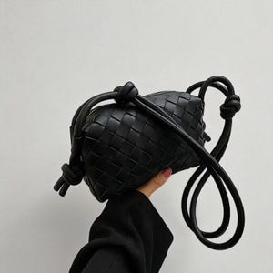 Mini Woven Leather Bag, Braided PU Crossbody Purse, Small Square Shoulder Handbag, Elegant Top Handle Tote, Gift for Women, Black or White