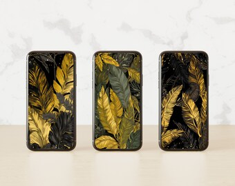 Gold & Black Leaves Phone Wallpaper – PNG, 3 Designs (Digital Download)