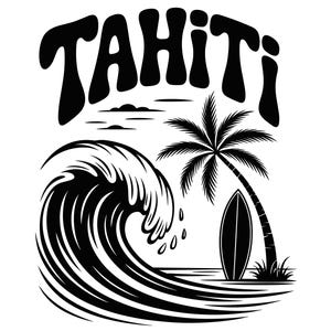 May include: Black and white graphic featuring the word "TAHITI" above a stylized ocean scene. A large wave crashes near a palm tree and a surfboard, evoking a tropical beach theme.