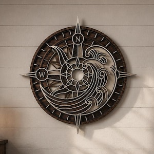Compass Wave Wall Art SVG | 4 Layer Laser Cut File | Nautical Compass Decor