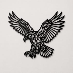 May include: A black wall art piece shaped like an eagle in flight, featuring a geometric, angular design with sharp lines and open spaces that form the silhouette of the bird with its wings spread wide and talons extended downward.