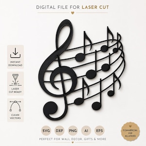 Op de afbeelding: Een zwart digitaal bestand voor lasersnijden met een vioolsleutel en muzieknoten op een notenbalk. De afbeelding bevat de tekst: DIGITAL FILE FOR LASER CUT, INSTANT DOWNLOAD, LASER CUT READY, CLEAN VECTORS, SVG, DXF, PNG, AI, EPS, COMMERCIAL USE ALLOWED.