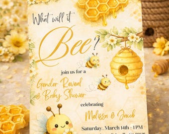 Bee Gender Reveal Baby Shower Invitation | What Will It Bee | Editable Canva Template