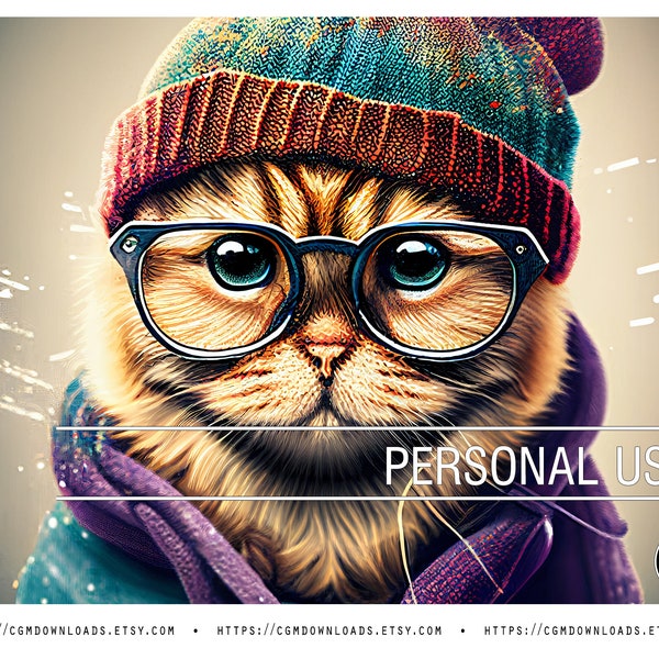 Hipster Cat Wall Art 02 | Hippy Animals Poster Art | Bohemian AI Art | Boho Digital Painting | JPG | Digital Download | Personal Use