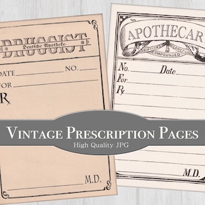 Puede incluir: Dos páginas de recetas antiguas con bordes decorativos. Una dice "DRUGGIST" y "Deutsche Apotheke", la otra "APOTHECARY". Ambas tienen espacios para la información del paciente y el símbolo Rx. La imagen también incluye el texto "VINTAGE PRESCRIPTION PAGES."