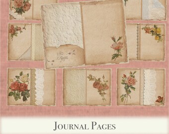 May include: Nine vintage journal pages with a floral theme. Each page features a different floral design with roses, lace, and a distressed paper texture. The pages are perfect for scrapbooking, journaling, or crafting.