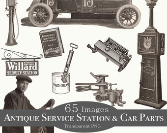 Antike Clipart Autoteile, Tankstelle, Rennautos, Mechaniker, Autowerkstatt Transparente png Illustrationen Schwarzweißzeichnungen 1910er Jahre