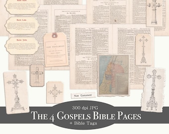 Antique Four Gospels Bible Pages: Vintage Scripture Journal Ephemera (Digital Download)