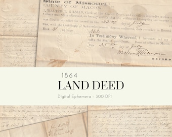 Digital Antique Land Deed ~ 1864 Handwriting Ephemera ~ Old Paper for Junk Journal ~ Legal Handwritten Documents