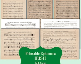 Irish Folk Songs Sheet Music - Printable Paper Ephemera from Vintage Song Books